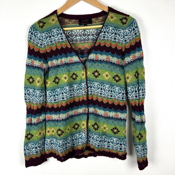 Tey Art Sweaters - Tey Art Handmade 100% Alpaca Cardigan M Peru Floral Stripes Lightweight Cottage